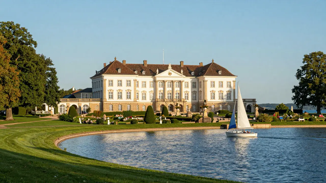 Letní rezidence Fredensborg u moře za slunečného dne s jachtou na vodě.