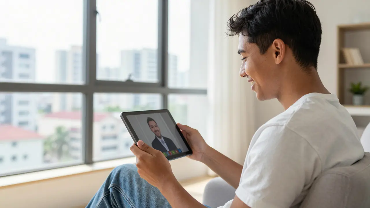 Mladý člověk se učí španělsky online pomocí chytrého telefonu v moderním interiéru.